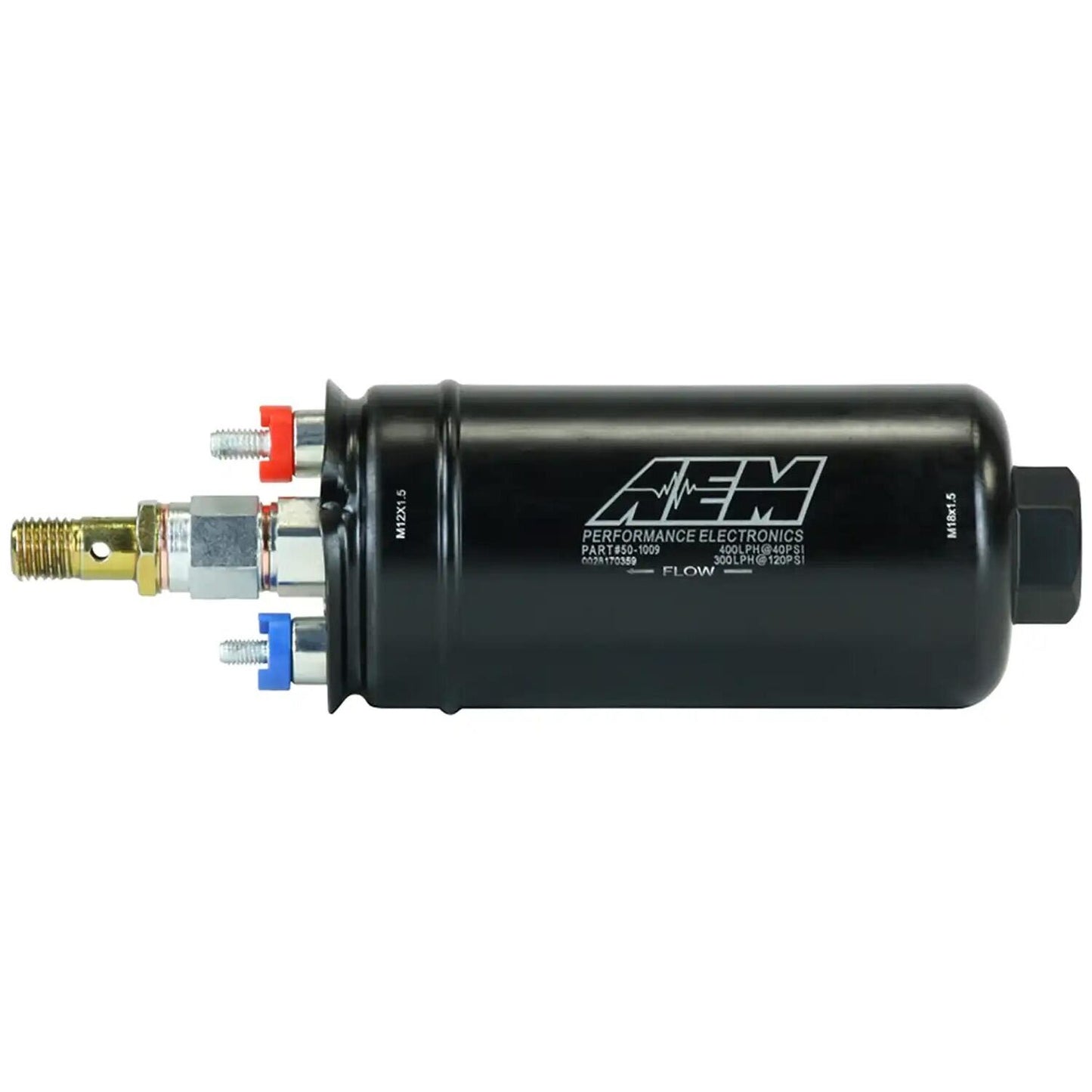 AEM 400LPH Inline High Flow Fuel Pump M18X1.5 Inlet & M12X1.5 Outlet